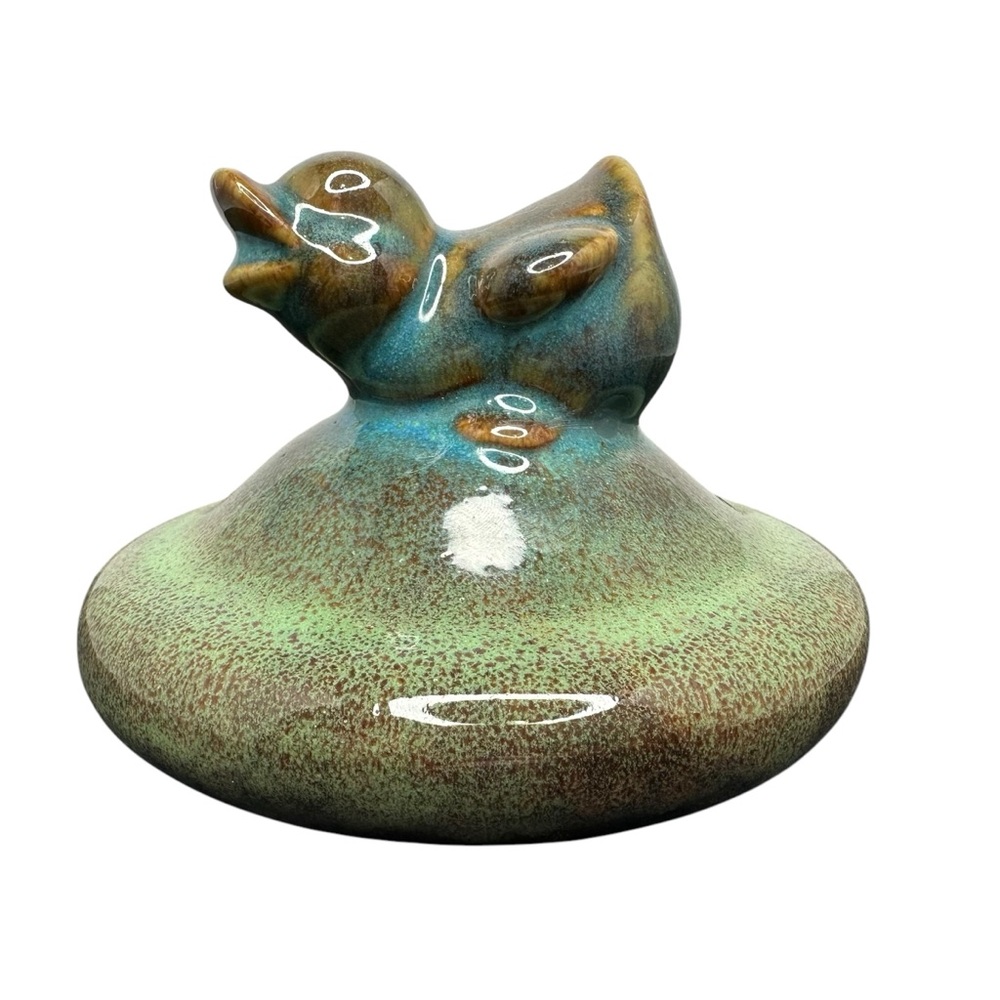 Art Pottery Décor Figurine Paper Weight Glazed Duck Duckling on Round Base